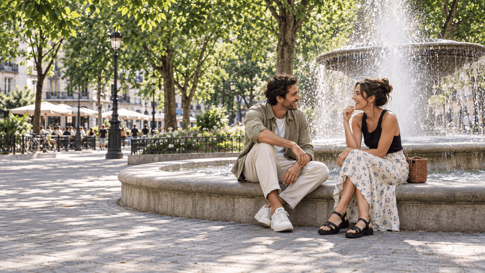 Ein Paar unterhält sich lachend an einem Brunnen im Park