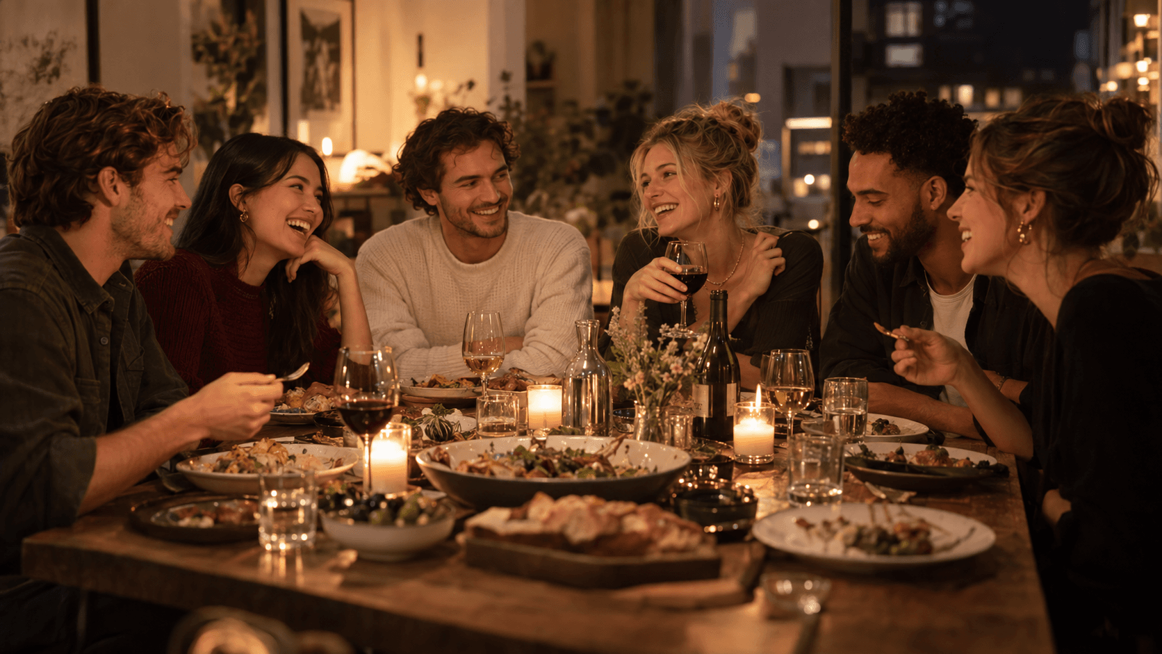 Sechs Freunde verbringen gemeinsam einen warmen Abend beim Essen